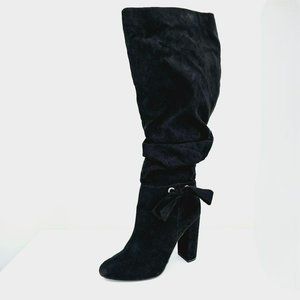 JustFab Pilara Over The Knee Heels Boots 10 Black Faux Suede Slouch Side Zip Bow